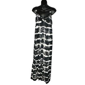 Faded Glory Tie Dye Maxi Beach Dress Adjustable Spaghetti Strap Black & White L